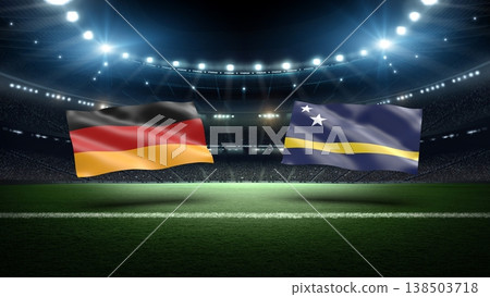 Germany and Curacao flags on soccer stadium field. Germany and Curacao flags on soccer stadium field. 138503718