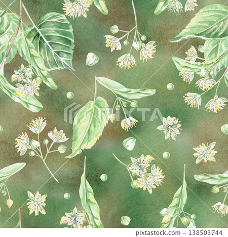 A seamless pattern with linden flowers and branches on a green background. This isolated watercolor illustration is suitable for pharmaceutical, menu, cosmetic, and eco-friendly product designs. A seamless pattern with linden flowers and branches on a green background. This isolated watercolor illustration is suitable for pharmaceutical, menu, cosmetic, and eco-friendly product designs. 138503744