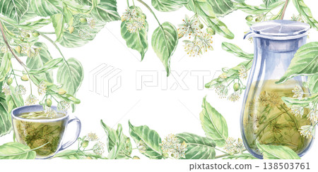 A rectangular frame with a blossoming linden tree, a pitcher, and a cup of linden tea. Isolated watercolor illustration for pharmaceutical, cosmetic, organic, beverage, and food product designs. A rectangular frame with a blossoming linden tree, a pitcher, and a cup of linden tea. Isolated watercolor illustration for pharmaceutical, cosmetic, organic, beverage, and food product designs. 138503761