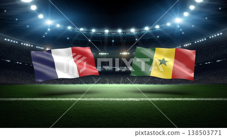 France and Senegal flags on soccer stadium field. France and Senegal flags on soccer stadium field. 138503771