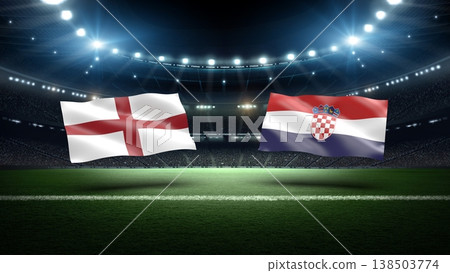 England and Croatia flags on soccer stadium field. England and Croatia flags on soccer stadium field. 138503774
