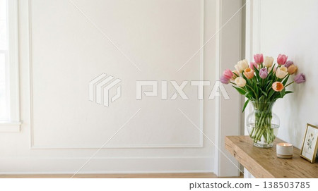 Tulip vase and white wall interior background material with natural light and copy space 138503785