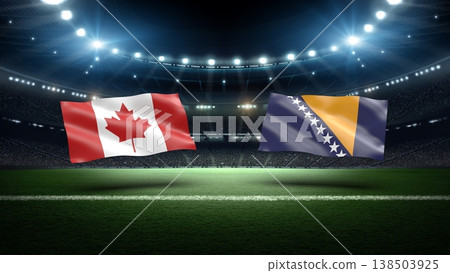 Canada and Bosnia-Herzegovina flags on soccer stadium field. Canada and Bosnia-Herzegovina flags on soccer stadium field. 138503925