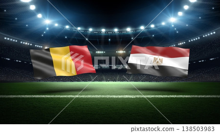 Belgium and Egypt flags on soccer stadium field. Belgium and Egypt flags on soccer stadium field. 138503983