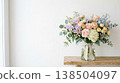 Interior decor background material featuring a pastel-colored bouquet in a vase against a white wall, with natural light and copy space. 138504097