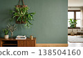 Platycerium plant mounted on a board and smoky green wall interior background material with natural light and copy space 138504160