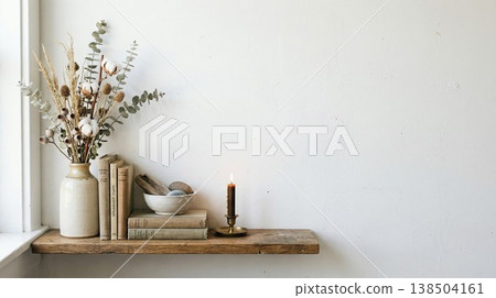 Natural interior background material with dried flowers and white walls, natural light and copy space. 138504161