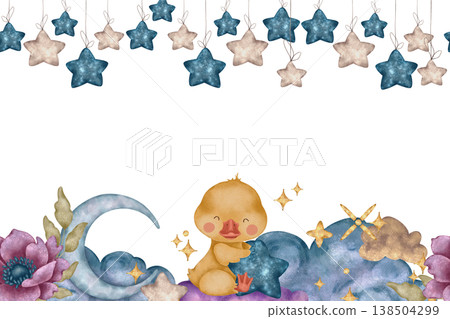Watercolor frame with duckling, moon, flowers and hanging stars. Soft nursery composition for baby shower cards, posters, room decor and newborn gifts. Watercolor frame with duckling, moon, flowers and hanging stars. Soft nursery composition for baby shower cards, posters, room decor and newborn gifts. 138504299