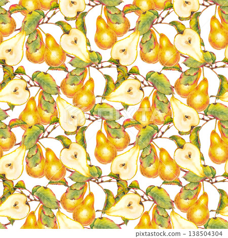 Seamless watercolor pattern with whole and sliced yellow pears on branches with green and red leaves. Illustration for fabric, wallpaper, packaging, kitchen decor, and autumn-themed products. Seamless watercolor pattern with whole and sliced yellow pears on branches with green and red leaves. Illustration for fabric, wallpaper, packaging, kitchen decor, and autumn-themed products. 138504304