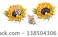 Watercolor illustration set brown mouse sitting in yellow sunflower painted in realistic and charming countryside style. Illustration for childrens products packaging textiles stickers and eco decor. 138504306