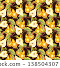 Seamless watercolor pattern with whole and sliced yellow pears on branches with green and red leaves. Illustration for fabric, wallpaper, packaging, kitchen decor, and autumn-themed products. 138504307