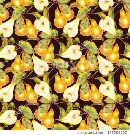 Seamless watercolor pattern with whole and sliced yellow pears on branches with green and red leaves. Illustration for fabric, wallpaper, packaging, kitchen decor, and autumn-themed products. 138504307