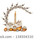 Watercolor illustration of Easter frame with willow wreath, festive cakes, candle and painted eggs. Illustration for greeting cards, invitations, religious stationery and spring holiday design. 138504310