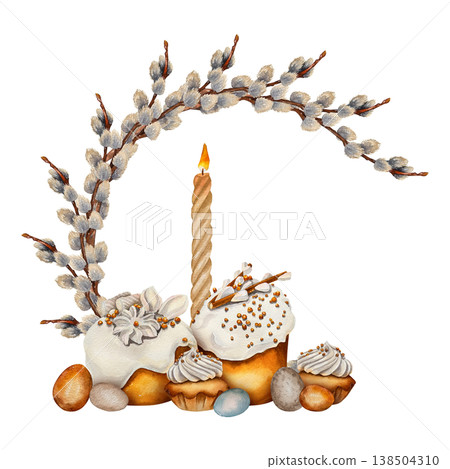 Watercolor illustration of Easter frame with willow wreath, festive cakes, candle and painted eggs. Illustration for greeting cards, invitations, religious stationery and spring holiday design. Watercolor illustration of Easter frame with willow wreath, festive cakes, candle and painted eggs. Illustration for greeting cards, invitations, religious stationery and spring holiday design. 138504310