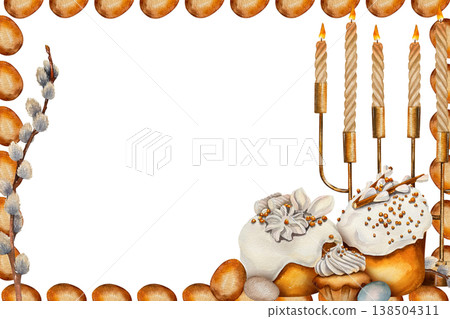 Watercolor Easter frame with brown eggs, traditional cakes, twisted candles and willow branch. Illustration for greeting cards, invitations, festive stationery, packaging and spring holiday design. Watercolor Easter frame with brown eggs, traditional cakes, twisted candles and willow branch. Illustration for greeting cards, invitations, festive stationery, packaging and spring holiday design. 138504311