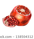 Watercolor illustration of juicy pomegranate and wedge with seeds in realistic style with vivid red hues. for packaging, recipe books, menus, cosmetics, and autumn-themed products. 138504312