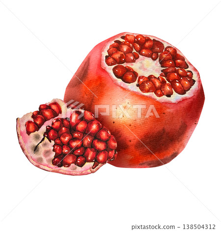 Watercolor illustration of juicy pomegranate and wedge with seeds in realistic style with vivid red hues. for packaging, recipe books, menus, cosmetics, and autumn-themed products. Watercolor illustration of juicy pomegranate and wedge with seeds in realistic style with vivid red hues. for packaging, recipe books, menus, cosmetics, and autumn-themed products. 138504312