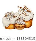 Watercolor illustration of Easter cakes with white icing and small cupcake, beige and golden colors. for Easter packaging, bakery branding, greeting cards, confectionery products and spring decor. 138504315