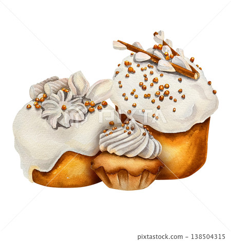 Watercolor illustration of Easter cakes with white icing and small cupcake, beige and golden colors. for Easter packaging, bakery branding, greeting cards, confectionery products and spring decor. Watercolor illustration of Easter cakes with white icing and small cupcake, beige and golden colors. for Easter packaging, bakery branding, greeting cards, confectionery products and spring decor. 138504315
