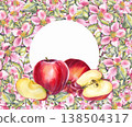 Watercolor composition red apples fruit surrounded by floral frame pink apple blossoms, green leaves. for juice labels food packaging organic branding cookbooks eco cosmetics and festive promotions. 138504317