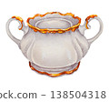 Watercolor illustration of a porcelain sugar bowl with gold trim and twin handles. Illustration for Easter tea table decor, packaging, stationery, branding and festive spring compositions. 138504318