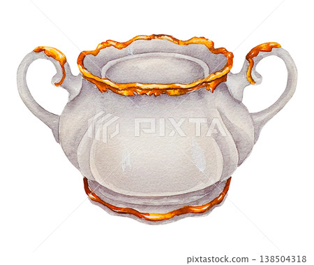 Watercolor illustration of a porcelain sugar bowl with gold trim and twin handles. Illustration for Easter tea table decor, packaging, stationery, branding and festive spring compositions. Watercolor illustration of a porcelain sugar bowl with gold trim and twin handles. Illustration for Easter tea table decor, packaging, stationery, branding and festive spring compositions. 138504318