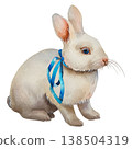 Watercolor illustration of a white Easter bunny with blue ribbon, cute animal. Illustration for Easter holidays, Catholic celebration, packaging, cards, children decor. 138504319