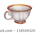 Watercolor illustration of an elegant porcelain teacup with gold trim. Illustration for Easter tea party decor, packaging, stationery, branding and classic spring compositions. 138504320