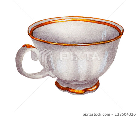 Watercolor illustration of an elegant porcelain teacup with gold trim. Illustration for Easter tea party decor, packaging, stationery, branding and classic spring compositions. Watercolor illustration of an elegant porcelain teacup with gold trim. Illustration for Easter tea party decor, packaging, stationery, branding and classic spring compositions. 138504320