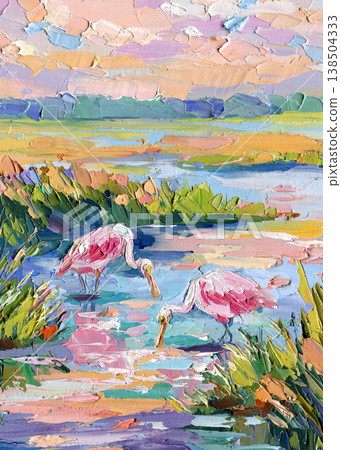 Pink birds marsh impasto oil painting with pastel water reflections and sunset wetland landscape Pink birds marsh impasto oil painting with pastel water reflections and sunset wetland landscape 138504333