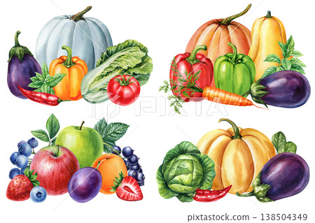Autumn watercolor clipart set with pumpkins eggplant cabbage peppers lettuce tomato carrot and fresh fruit collection 138504349
