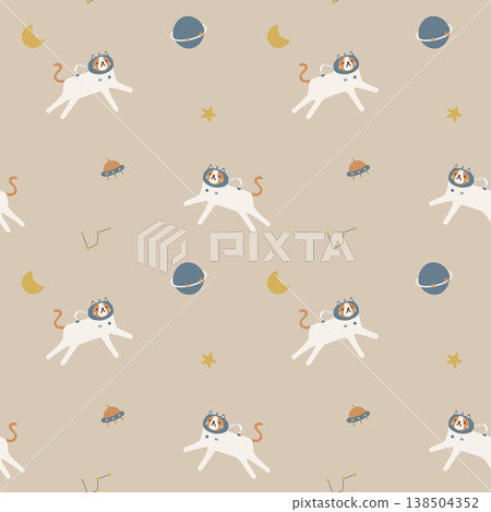 seamless minimal space astronaut cat kitten adventure in the galaxy universe repeat pattern background, flat jpg illustration graphic design 138504352