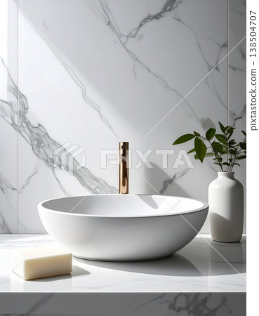 現代化的浴室盥洗台和高檔香皂營造出美麗的背景。 138504707