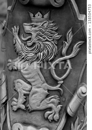Crowned lion heraldic bas-relief 138504753