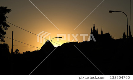 Silhouette of Cathedral Skyline at Sunset with Tram Wires Silhouette of Cathedral Skyline at Sunset with Tram Wires 138504760