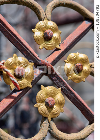 Gilded Floral Details on Wrought Iron Fence Close-Up 138504792