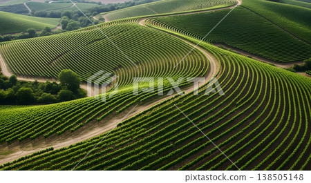 Aerial Vineyard Landscape With Rows Of Green Grapevines And Winding Paths In Daylight 138505148
