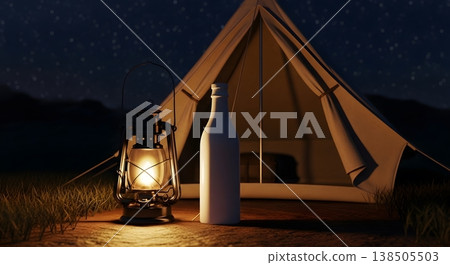 Night Camp Scene with Lantern Bottle and Tent under a Starry Sky Peaceful Outdoor Adventure 138505503