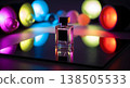 Perfume Bottle Centered On Reflective Black Surface With Colorful Glowing Orbs And Dramatic Lighting 138505533