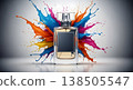 Perfume Bottle With Colorful Paint Splashes On White Background Promoting Fragrance And Beauty 138505547