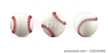 Baseball ball clipart. Set of white leather softball, vintage line of red stiches. 3d isolated vector mockup. Player equipment mockup team logo. Realistic fastball catch drawing, sport club element Baseball ball clipart. Set of white leather softball, vintage line of red stiches. 3d isolated vector mockup. Player equipment mockup team logo. Realistic fastball catch drawing, sport club element 138505960