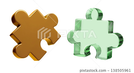 3D puzzle piece on white bg. Transparent green glass and luxury golden icon. Realistic isometric render, part join and jigsaw fragment logic. Complex problem solving by single element isolated search 3D puzzle piece on white bg. Transparent green glass and luxury golden icon. Realistic isometric render, part join and jigsaw fragment logic. Complex problem solving by single element isolated search 138505961