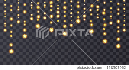 Fairy garland hanging strings. Light bulbs curtain, star festoon header. Christmas decoration png, holiday lamp ball, gold glitter festive pattern. 3d wire wedding ornament, warm bokeh lightbulb frame Fairy garland hanging strings. Light bulbs curtain, star festoon header. Christmas decoration png, holiday lamp ball, gold glitter festive pattern. 3d wire wedding ornament, warm bokeh lightbulb frame 138505962