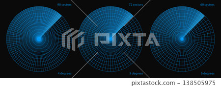 Radar screen of military sonar technology vector. Target ship scan in blue circle bg. Data digital ui on army interface map, navy sea monitor with search detection. Futuristic war boat scanner grid 138505975
