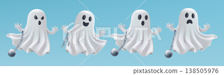 Halloween 3d emoji, little prisoner ghost game set. Chained phantom in white cloth, vector spooky character. Cute laugh, scream or scaring boo. Metal ball realistic render, funny monster on blue bg Halloween 3d emoji, little prisoner ghost game set. Chained phantom in white cloth, vector spooky character. Cute laugh, scream or scaring boo. Metal ball realistic render, funny monster on blue bg 138505976