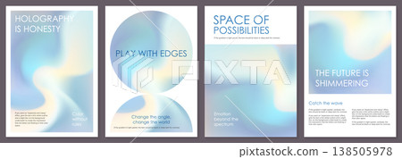 Iridescent hologram bg in blue gradient poster design. Gold foil texture with holo gradation paper. Abstract blurry pattern, mirror glitter. Wavy geometric shape with modern y2k glossy foil book cover 138505978