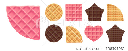 Waffle round biscuit for belgian ice cream, tasty wafer texture icon. Square pink stroopwafel and star chocolate belgium food, pattern background. Isolated cute cookie heart, sweet syrup pancake 3d Waffle round biscuit for belgian ice cream, tasty wafer texture icon. Square pink stroopwafel and star chocolate belgium food, pattern background. Isolated cute cookie heart, sweet syrup pancake 3d 138505981