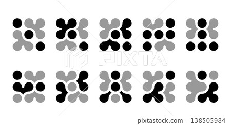Abstract connected circles and dots icon. Integrate innovate logo, vector technology shape. Neuron Nano molecula, artificial brain symbol. Network science data, metaball design. Organic medical liquid 138505984