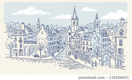 Old European town. Vector hand-drawn illustration. Blue and white color palette 138506001