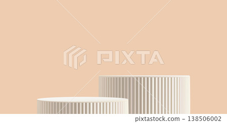 3d podium beige bg, product ramadan platform. Elegant premium white marble pedestal for cosmetic skincare ads. Two level stand in gradient mockup, cylinder empty abstract base. Minimal textured stair 138506002